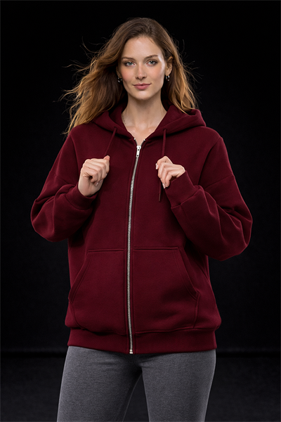 Kadın Bordo Oversize Salaş Şardonlu Pamuk 3 İplik Penye Kapüşonlu Kanguru Cepli Sweatshirt