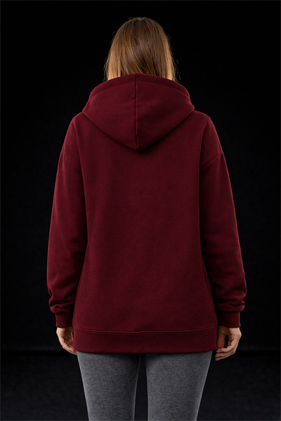 Kadın Bordo Oversize Salaş Şardonlu Pamuk 3 İplik Penye Kapüşonlu Kanguru Cepli Sweatshirt