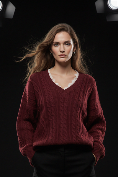 Kadın Bordo Oversize Yakası Dantelli Örgü Triko Kazak