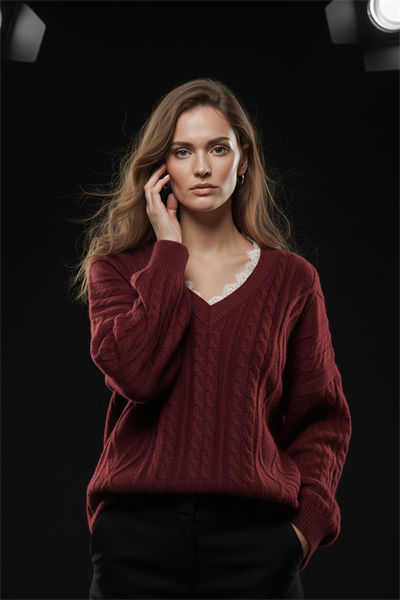 Kadın Bordo Oversize Yakası Dantelli Örgü Triko Kazak