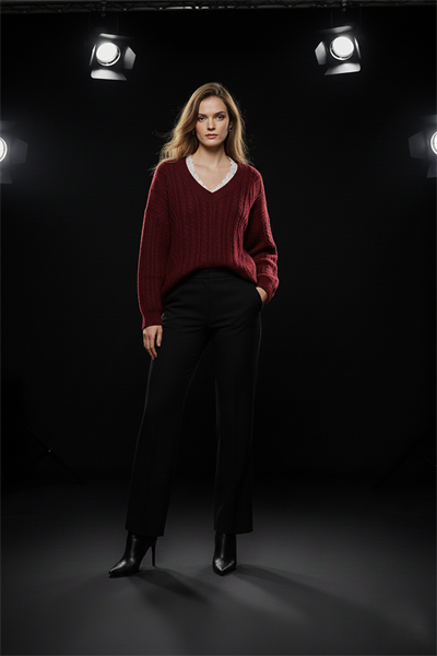 Kadın Bordo Oversize Yakası Dantelli Örgü Triko Kazak