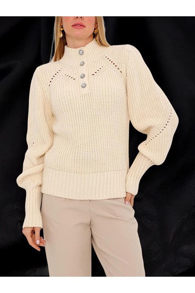 Kadın Bordo Zra Model Taş Şık Düğmeli Balon Kol Ajurlu Örme Triko Kazak