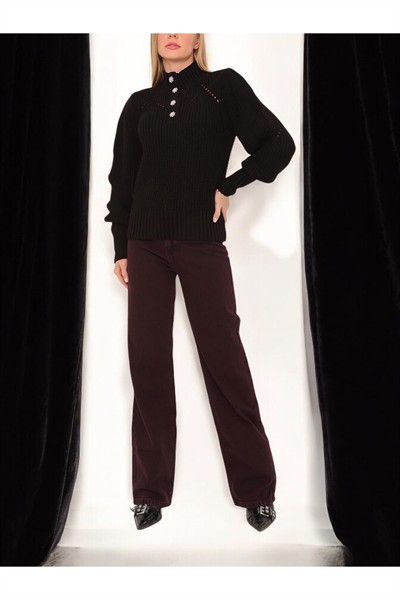 Kadın Siyah Zra Model Taş Şık Düğmeli Balon Kol Ajurlu Örme Triko Kazak