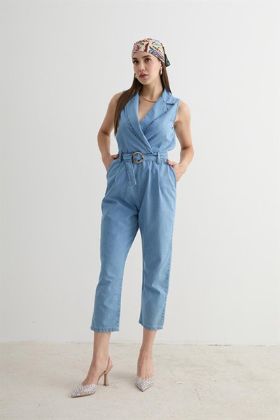 Kadın Buz Mavi Toka Detaylı Kolsuz Kruvaze Yaka Yumuşak %100 Cotton Uzun Tulum