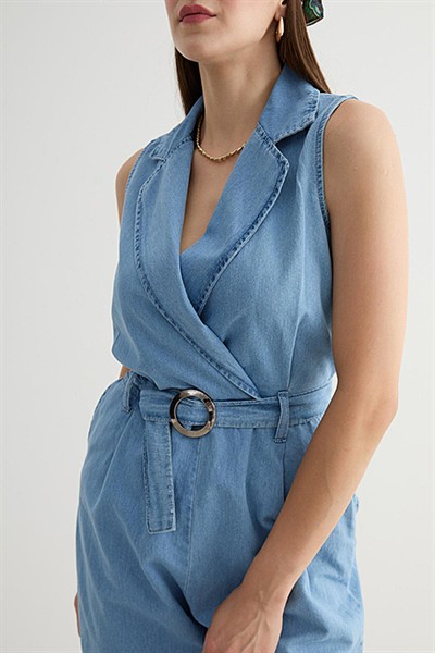 Kadın Buz Mavi Toka Detaylı Kolsuz Kruvaze Yaka Yumuşak %100 Cotton Uzun Tulum