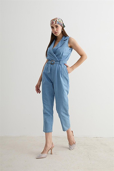 Kadın Buz Mavi Toka Detaylı Kolsuz Kruvaze Yaka Yumuşak %100 Cotton Uzun Tulum