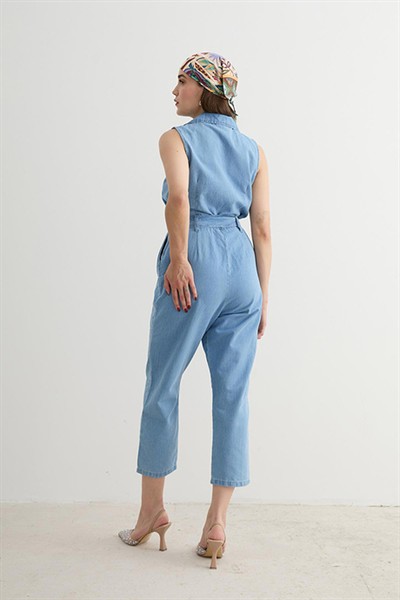 Kadın Buz Mavi Toka Detaylı Kolsuz Kruvaze Yaka Yumuşak %100 Cotton Uzun Tulum
