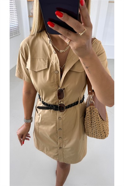 Kadın Camel Saç Örgü Kemerli Düğmeli Gömlek Yaka Kısa Kol Pamuklu Elbise