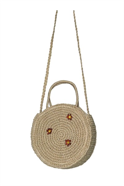 Kadın Çiçek Detaylı Jüt Örgü Model Dokuma Organik Astarlı Hasır El ve Omuz Çanta