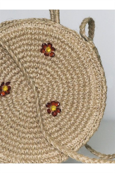 Kadın Çiçek Detaylı Jüt Örgü Model Dokuma Organik Astarlı Hasır El ve Omuz Çanta