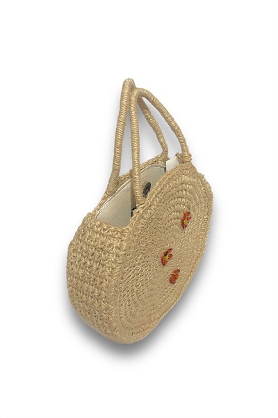 Kadın Çiçek Detaylı Jüt Örgü Model Dokuma Organik Astarlı Hasır El ve Omuz Çanta