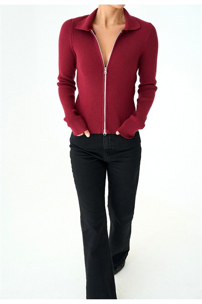 Kadın Çift Fermuarlı Premium Fitilli Polo Yaka Hırka