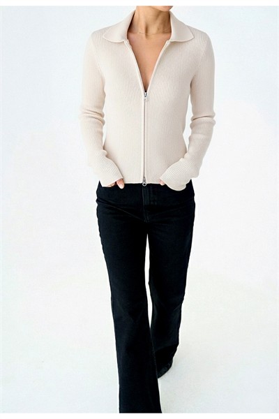 Kadın Çift Fermuarlı Premium Fitilli Polo Yaka Hırka