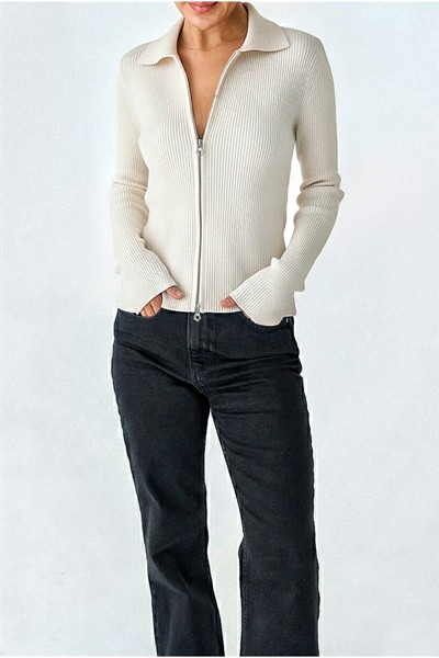 Kadın Çift Fermuarlı Premium Fitilli Polo Yaka Hırka