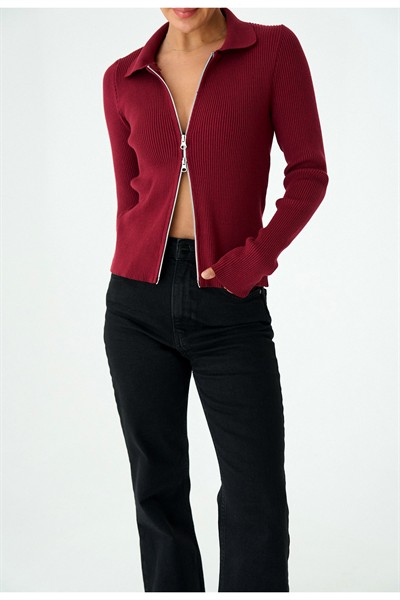 Kadın Çift Fermuarlı Premium Fitilli Polo Yaka Hırka