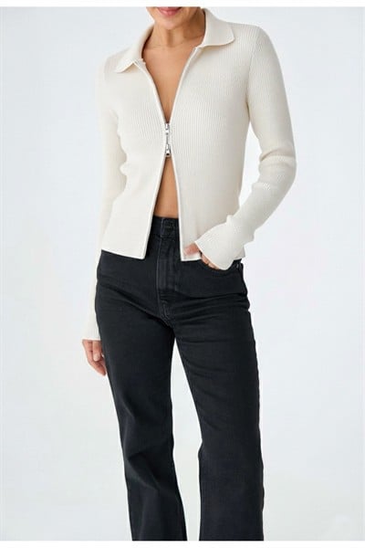 Kadın Çift Fermuarlı Premium Fitilli Polo Yaka Hırka