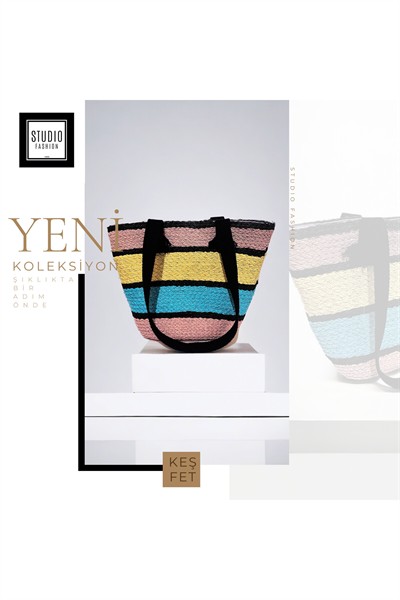 Kadın Çok Renkli Cepli Koton Askılı Dokuma %100 Organik Astarlı Hasır Plaj Çanta