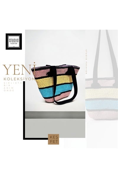 Kadın Çok Renkli Cepli Koton Askılı Dokuma %100 Organik Astarlı Hasır Plaj Çanta