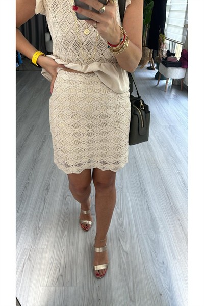 Kadın Bej Dantel İşleme Detaylı Astarlı Pamuk Keten Etek