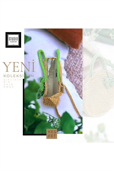 Kadın Dört Yapraklı Yeşil Yonca Detaylı Jüt Örgü Model Dokuma %100 Organik Astarlı Hasır Çanta