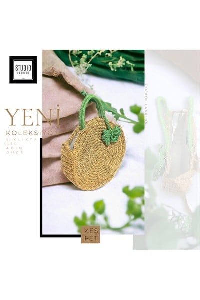 Kadın Dört Yapraklı Yeşil Yonca Detaylı Jüt Örgü Model Dokuma %100 Organik Astarlı Hasır Çanta