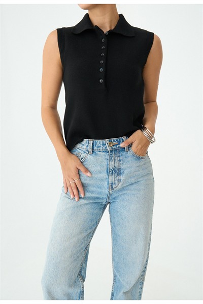 Kadın Siyah Düğmeli Premium Kolsuz Kazak