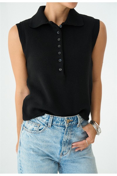 Kadın Siyah Düğmeli Premium Kolsuz Kazak