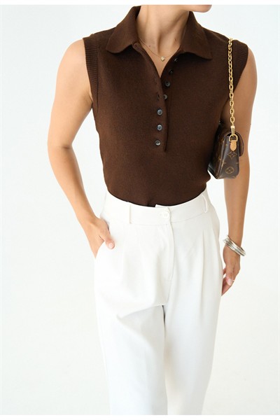 Kadın Kahve Düğmeli Premium Kolsuz Kazak