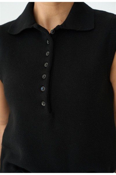 Kadın Siyah Düğmeli Premium Kolsuz Kazak