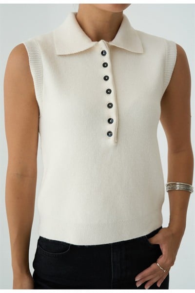 Kadın Krem Düğmeli Premium Kolsuz Kazak
