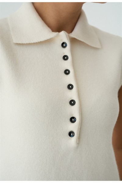 Kadın Krem Düğmeli Premium Kolsuz Kazak
