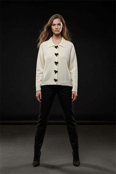 Kadın Ekru Kurdele Taşlı Detaylı Çıtçıtlı Triko Hırka 