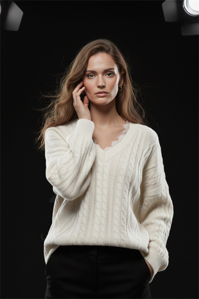 Kadın Ekru Oversize Yakası Dantelli Örgü Triko Kazak