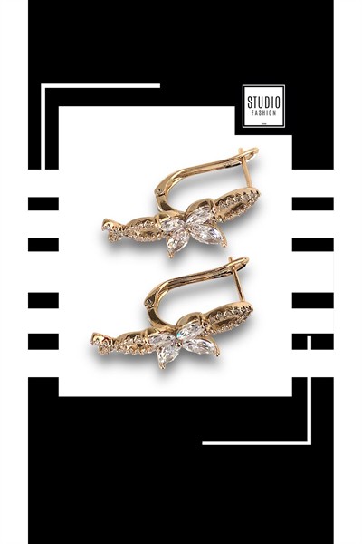 Kadın Gold Tasarım Çiçek Zirkon Taşlı VIP Çelik Premium Rodyum Kaplama Şık Küpe