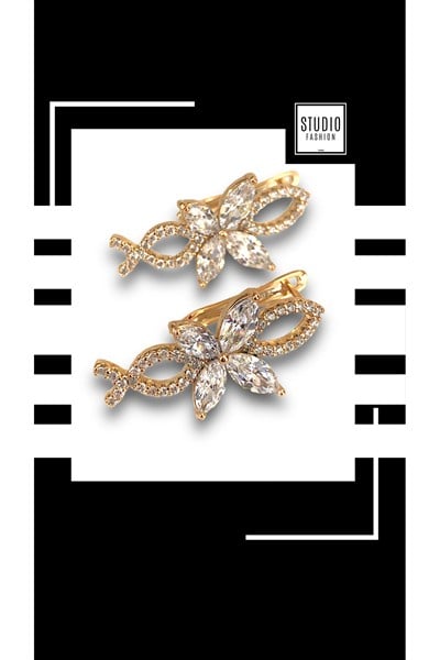 Kadın Gold Tasarım Çiçek Zirkon Taşlı VIP Çelik Premium Rodyum Kaplama Şık Küpe