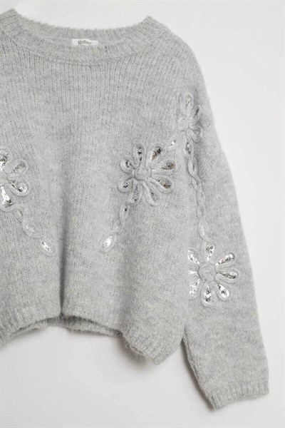 Kadın Gri Pul Detaylı Kazak