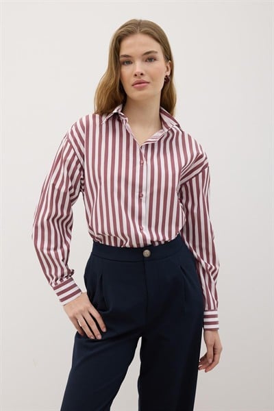 Kadın Haki Oversize Çizgili Gömlek