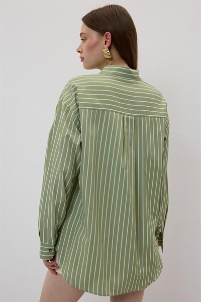 Kadın Haki Oversize Çizgili Gömlek