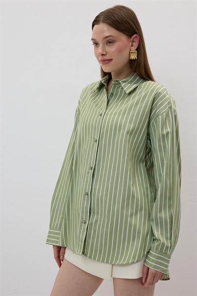 Kadın Haki Oversize Çizgili Gömlek
