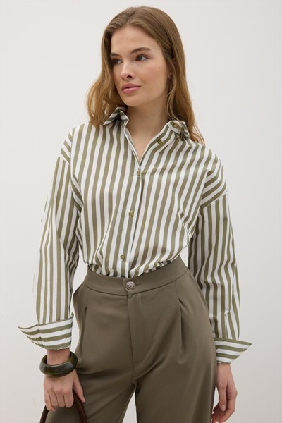Kadın Haki Oversize Çizgili Gömlek