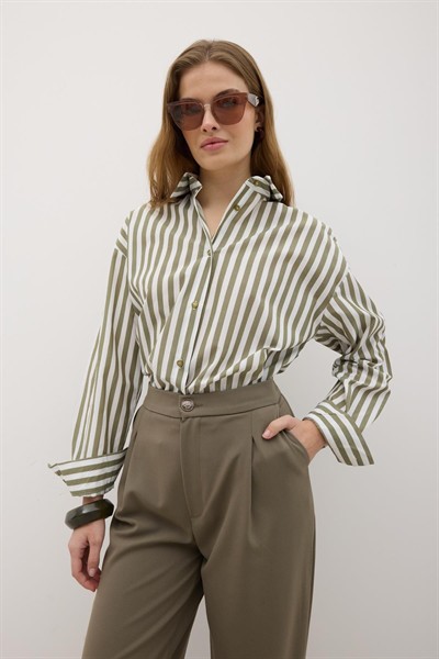 Kadın Haki Oversize Çizgili Gömlek