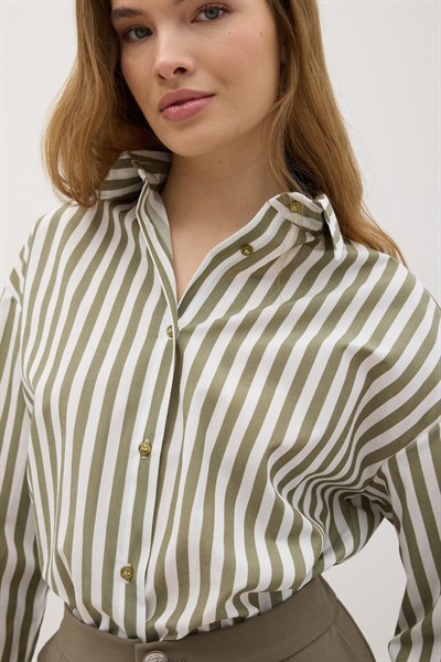 Kadın Haki Oversize Çizgili Gömlek