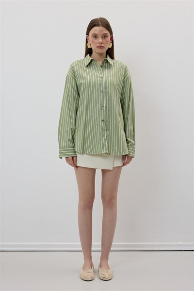 Kadın Haki Oversize Çizgili Gömlek