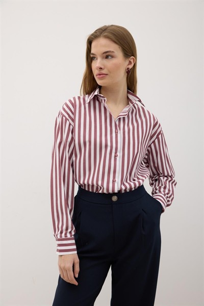 Kadın Haki Oversize Çizgili Gömlek