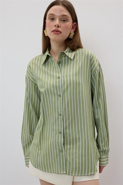 Kadın Haki Oversize Çizgili Gömlek