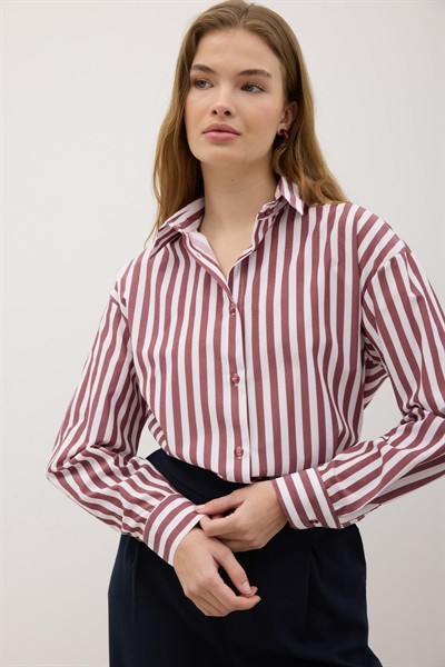 Kadın Haki Oversize Çizgili Gömlek