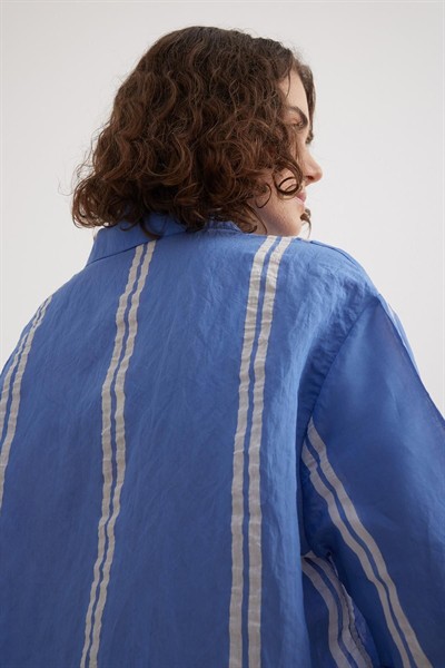 Kadın İntigo Oversize Kısa Kol Modal Çizgili Gömlek