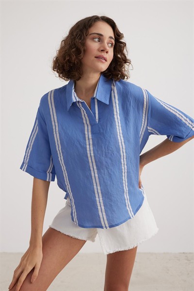 Kadın İntigo Oversize Kısa Kol Modal Çizgili Gömlek