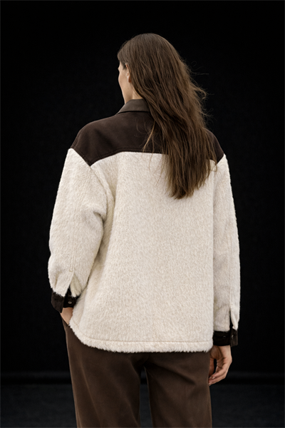 Kadın Kahve Denim Garnili Tüylü Buklet Ceket