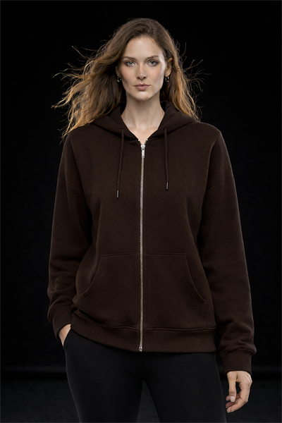 Kadın Kahve Oversize Salaş Şardonlu Pamuk 3 İplik Penye Kapüşonlu Kanguru Cepli Sweatshirt